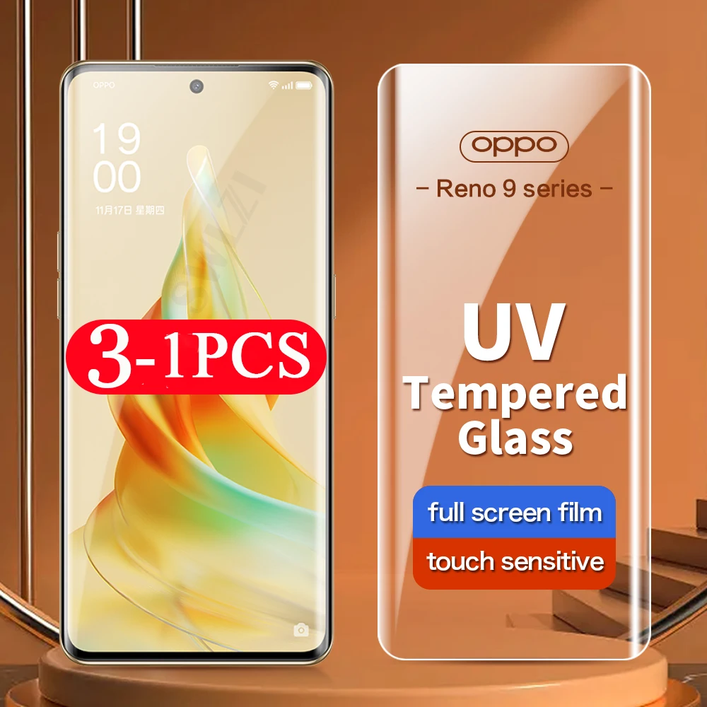

3/2/1pcs 9D cover For oppo A1 pro UV Tempered Glass reno 9 6 5 4 3 pro plus Screen Protector UV glass Protective Film smartphone