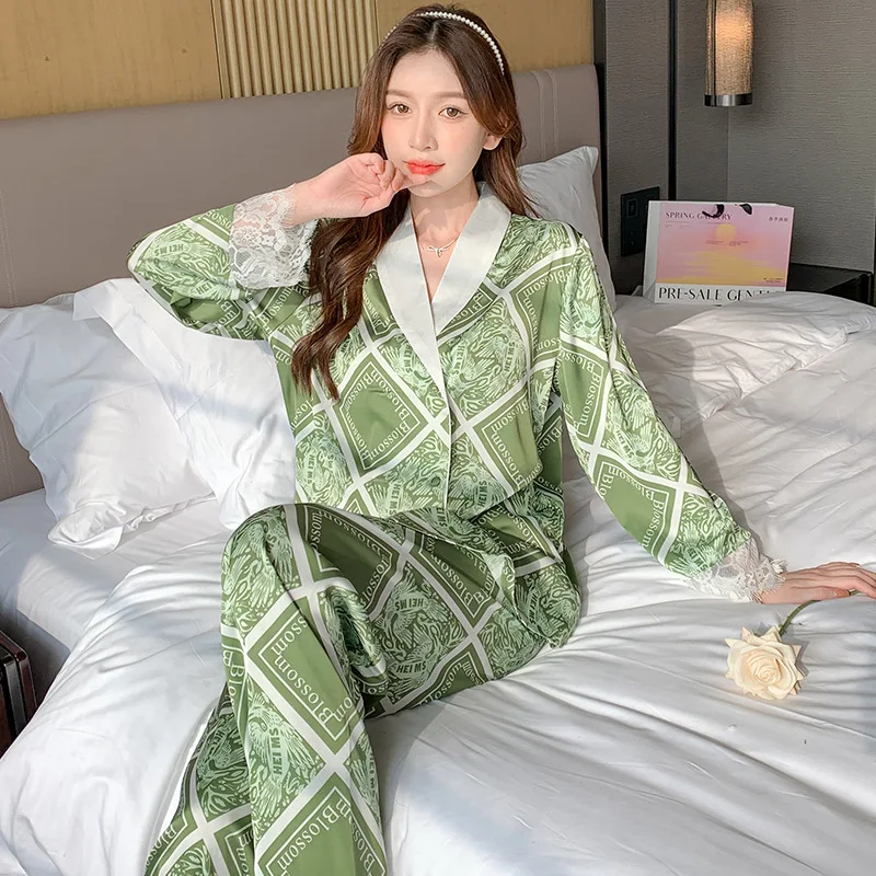 FALLINLAOE Women's Pajamas Set Luxury Rhombus Print Sleepwear Lace Cuffs Casual Homewear V Neck Nightwear Femme Petite