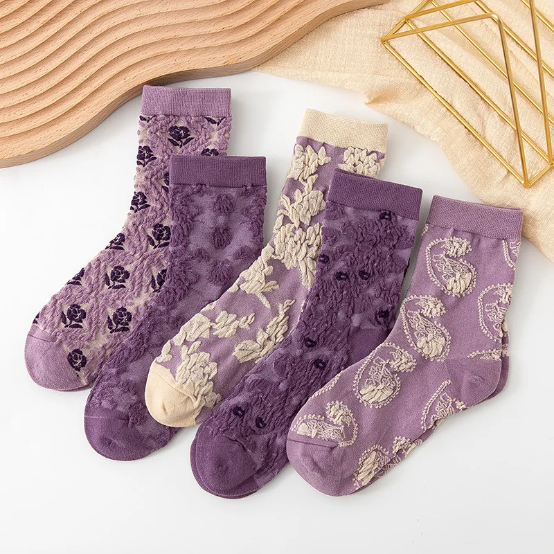 Autumn new purple retro small flower tide socks personality ins women's socks Korean version of combed cotton women's socks