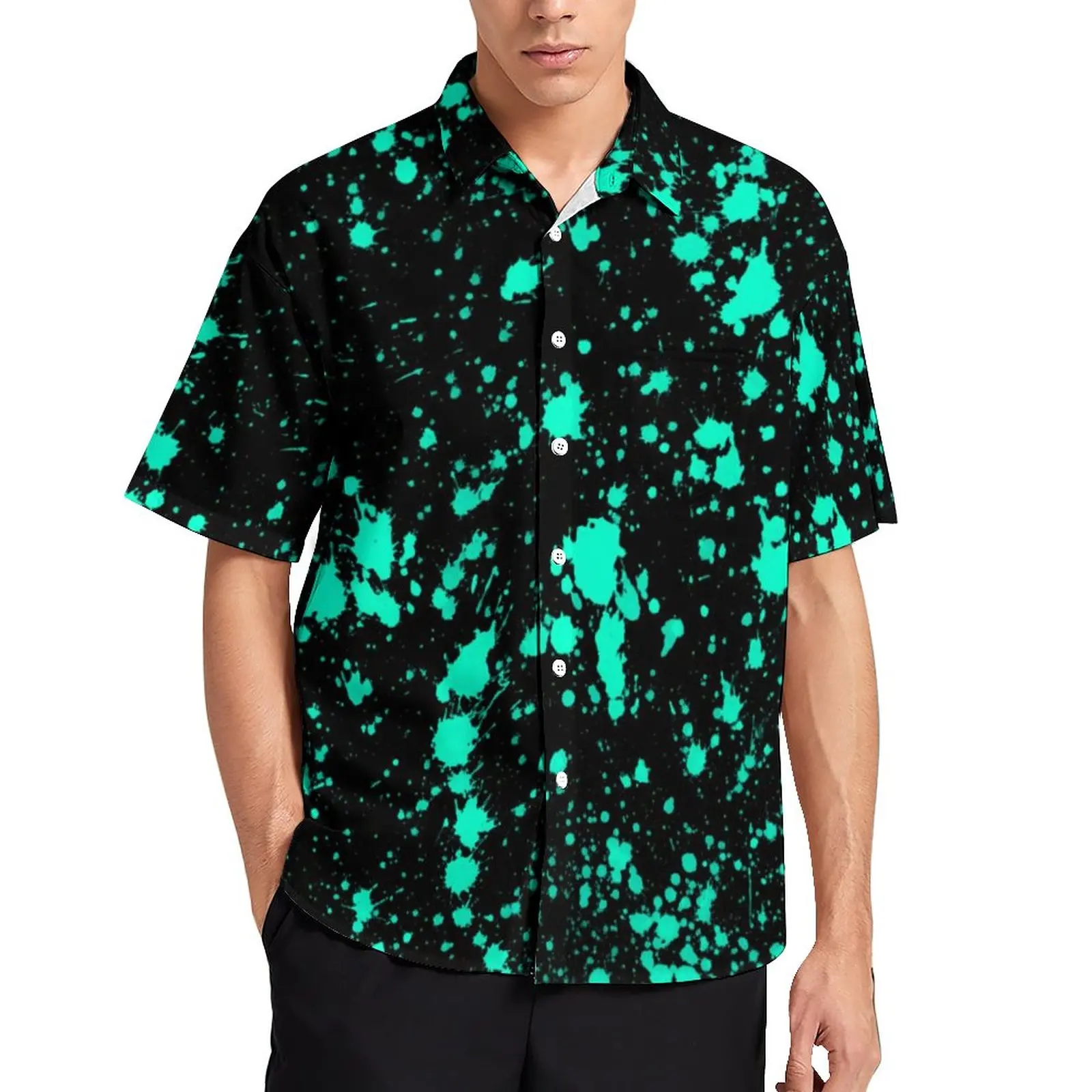 

Mint Paint Splatter Beach Shirt Artistic Splash Hawaiian Casual Shirts Men Aesthetic Blouses Short Sleeve Pattern Tops Plus Size