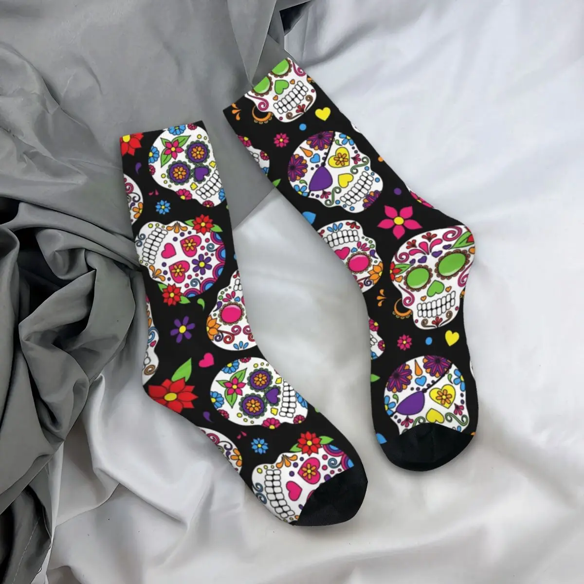 Fashion Colorful Sugar Skulls Skateboard Socks Day of the Dead Polyester Long Socks for Unisex