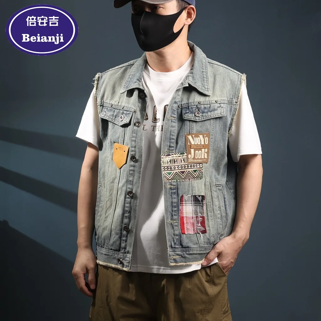 Beianji летний винтажный потертый джинсовый жилет для мужчин свободный