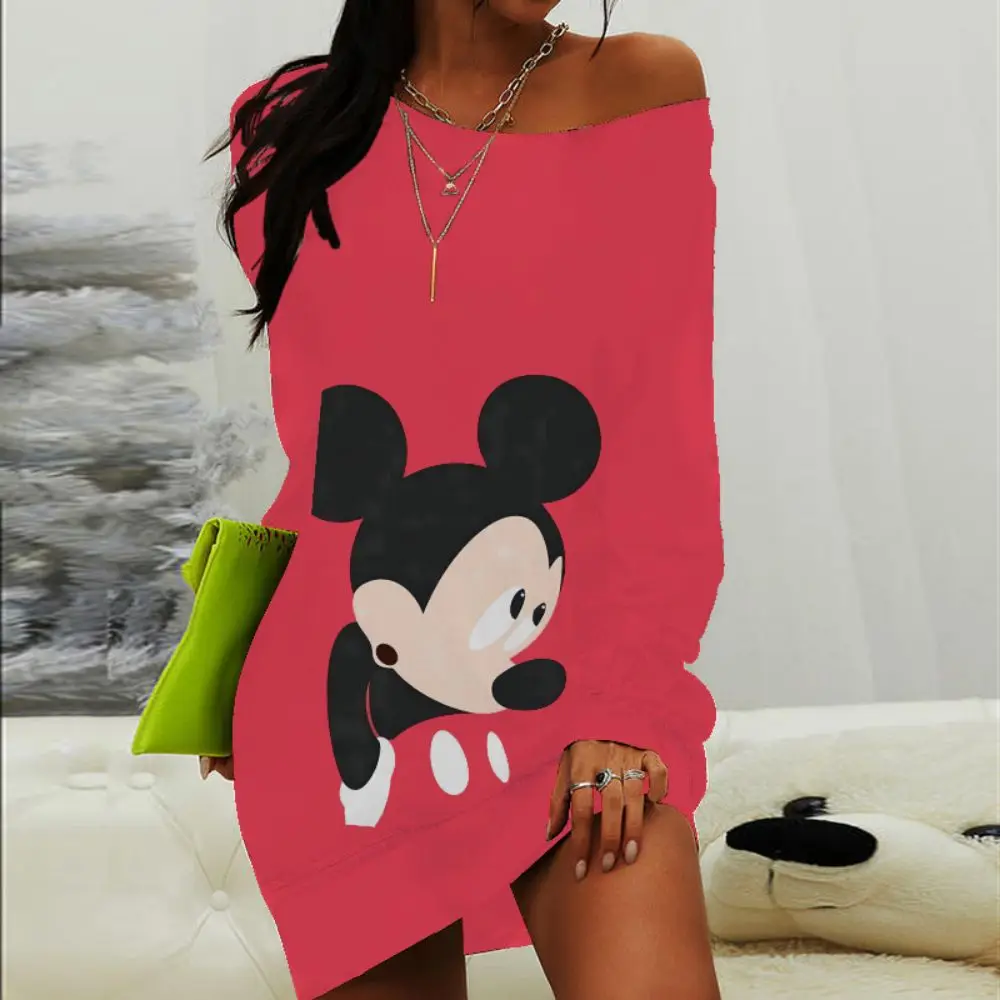 

Летние платья с длинным рукавом, женские модные элегантные платья 2022 для женщин, платье с принтом Минни Маус, Дисней, сексуальное мини-плать...