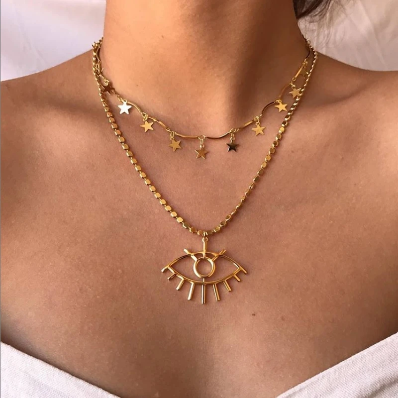 

New Women Gold Eye Pendant Necklace Bohemia Chain Aesthetic Multi-layer Metal Necklace Trendy Jewelry