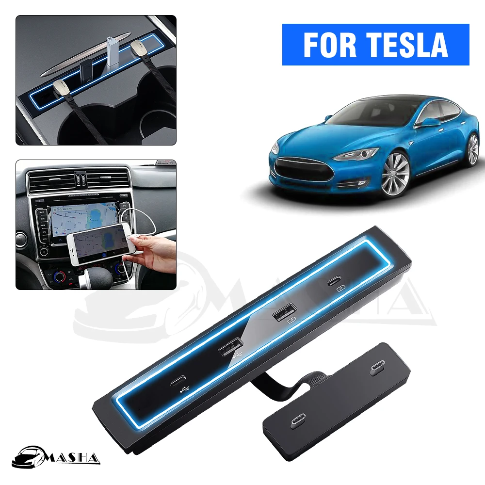 

27W Quick Charger USB Shunt Hub Intelligent Docking Station Car Adapter Powered Splitter Extension For Tesla Model 3 Y 2021 2022