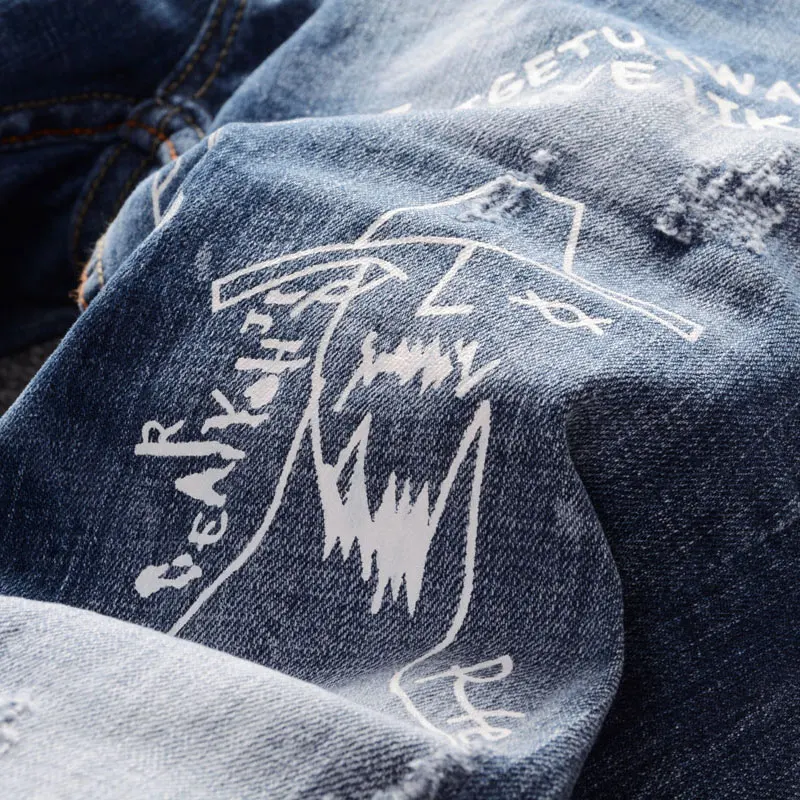 Streetwear Fashion Men Jeans Retro Blue Stretch Slim Fit Vintage Patched Ripped Jeans Men Printed Designer Hip Hop Pants Hombre