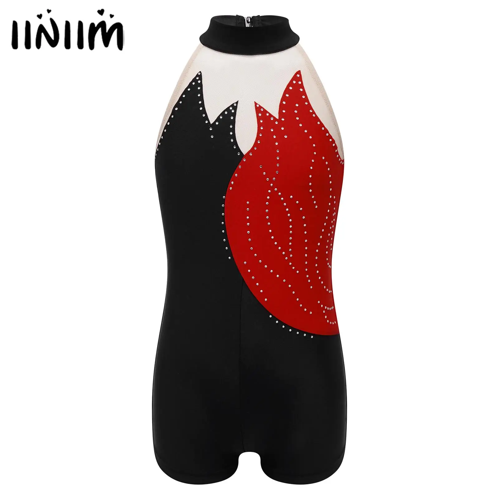 

Shiny Diamond Figure Skating Jumpsuit Girls Gymnastics Ballet Dancing Costume Round Collar Backless Kids Dance Leotards Costume