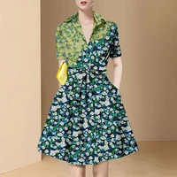 fashion print frenulum dresses for women 2022 short sleeve elegant midi dress vintage casual summer womens clothing vestidos