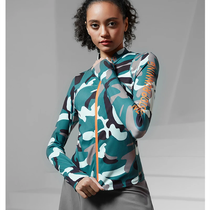 Womens Camouflage Sports Jacket Outdoor Running Hoodies Zipper Cycling Training Tie Dye Coats Cold-proof Windproof With Fleece