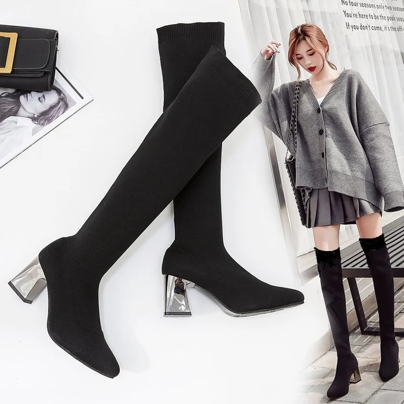 

Fashion Modern Boots Women Knee-High 2022 New Spring Autumn De Mujer Socks Boots Stretch Fabric Woman High Heel Shoes Ladies