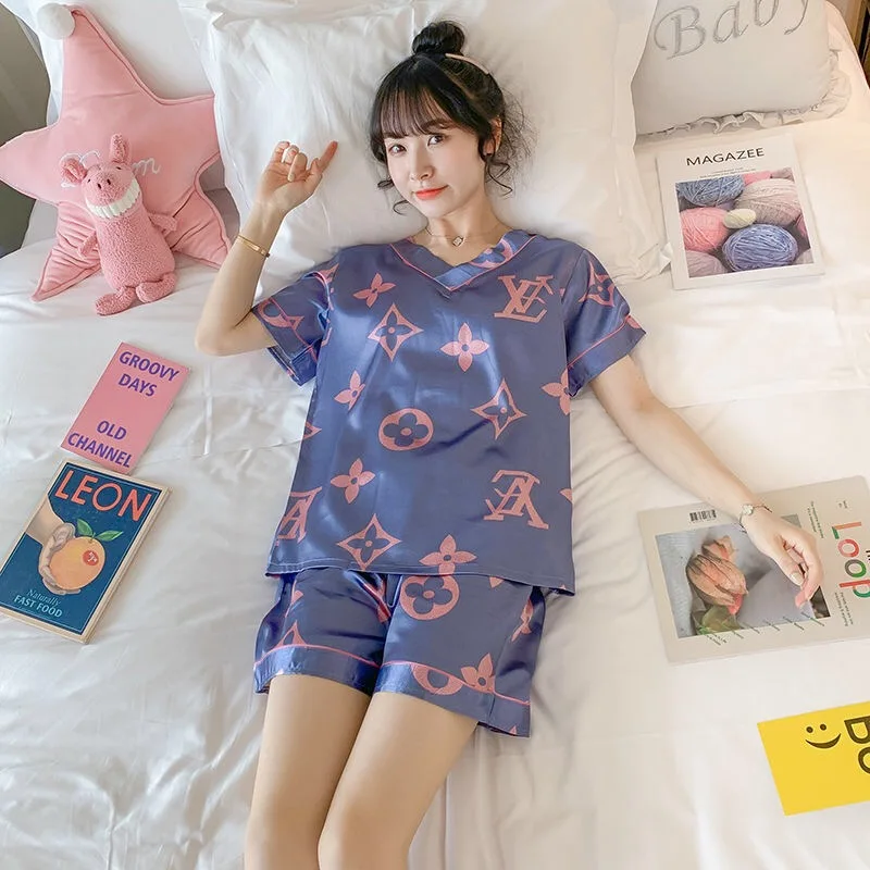 Summer Women Girl Fashion Short Pajamas Suits Ice Silk Home Clothers Sets Sleepwear