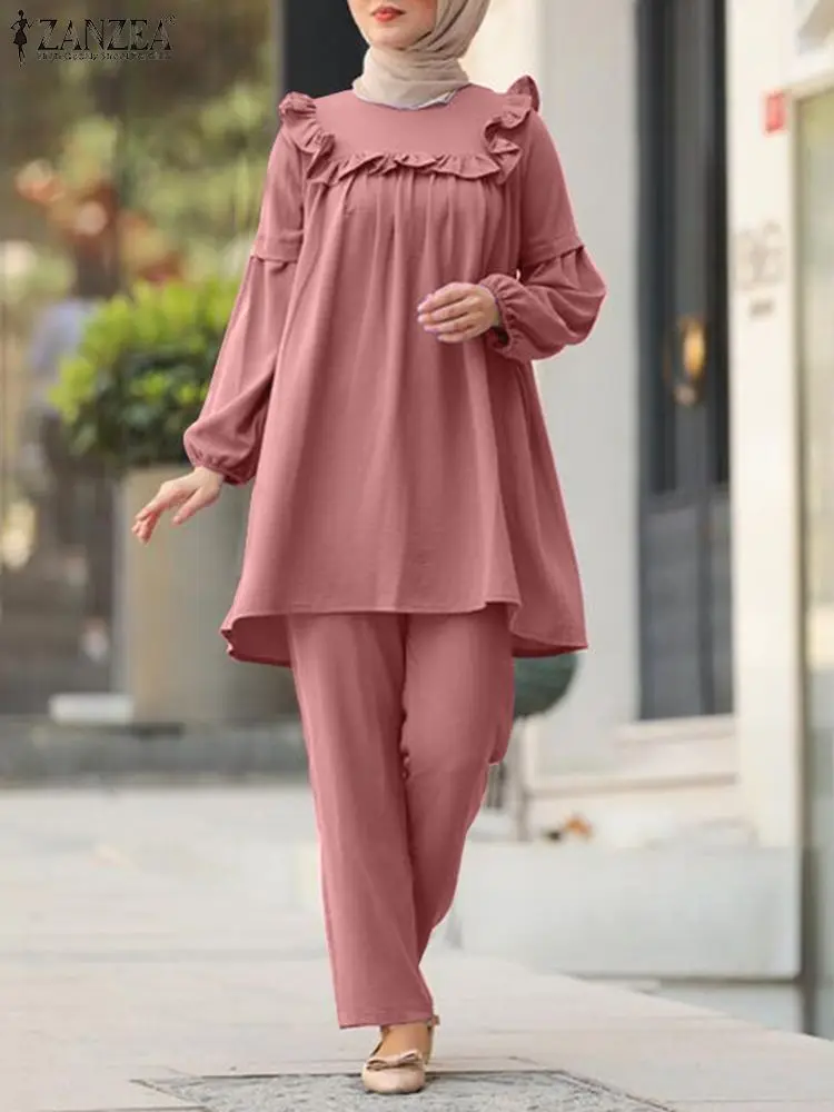 

2PCS Casual Long Sleeve Blouse Muslim Pants Sets ZANZEA Women Fashion Ruffles Sets Solid Elegant Dubai Turkey Abaya Hijab Suits
