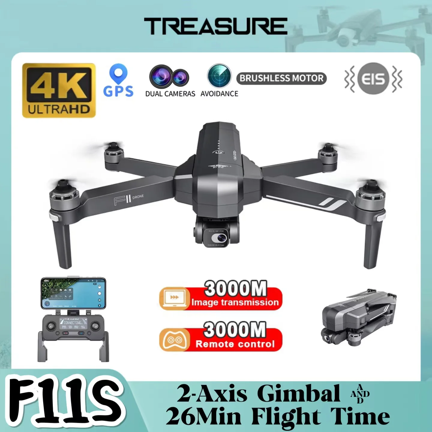 F11S Дрон 4K Pro GPS 3KM EIS с 2-осевой шарнирной камерой фонарь WiFi FPV Бесщеточный Радиоуправляемый складной Квадрокоптер Профессиональный Дрон