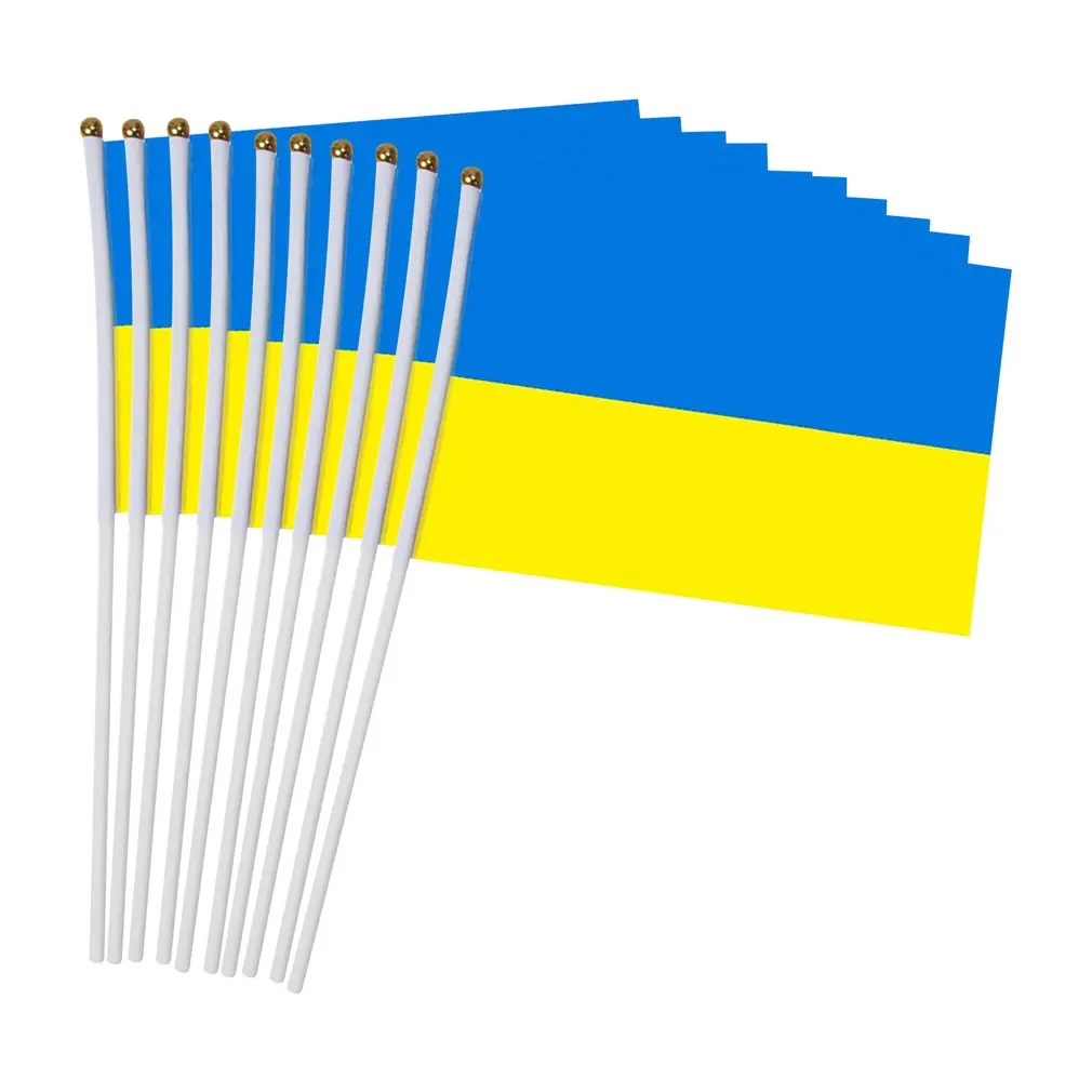 

10pcs 14x21cm Flags Ukrainian Patriot National Flag Ukraine Flying Flag Banner With Plastic Flagpole Hand Waving Flag Home Decor