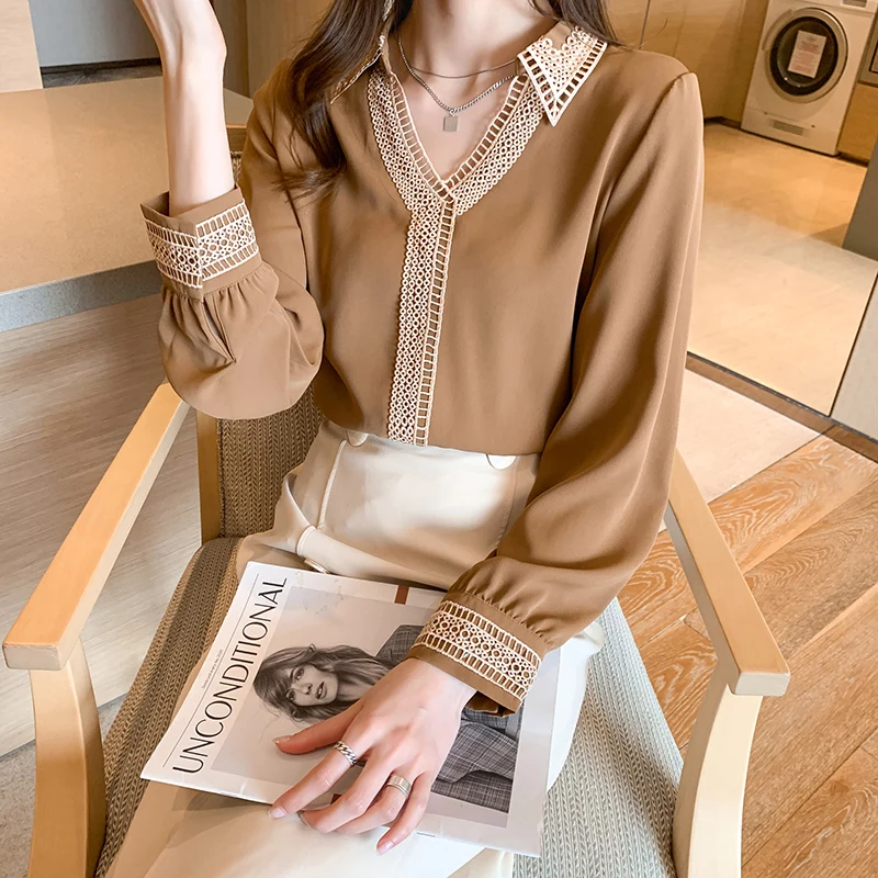 

New Silk Women's Blouses Fashion Shirt Long Sleeve Top Summer Full Loose Solid V-neck Lady Clothing