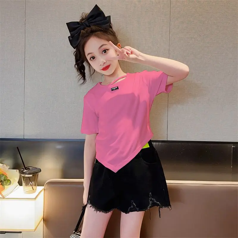 

Girls T-shirt Short Sleeve 2023 Summer New Medium and Large Children Thin Fashion Lovely Solid All-match Kids Clothes for Girls