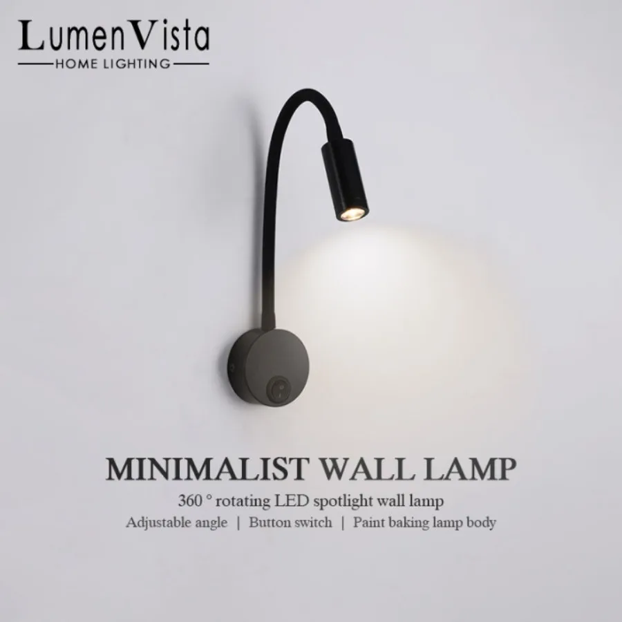 Фото Настенный светильник для чтения 3W LED с гибкой штангой, черный, белый, серебристый, золотой, для кабинета, прикроватный, ночник №1