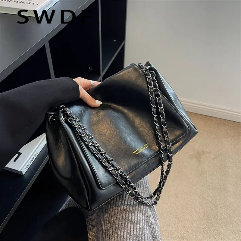 

Повседневная Дамская сумка на плечо, однотонная большая сумочка в стиле ретро, модная повседневная сумка на цепочке для покупок, вместительный мессенджер