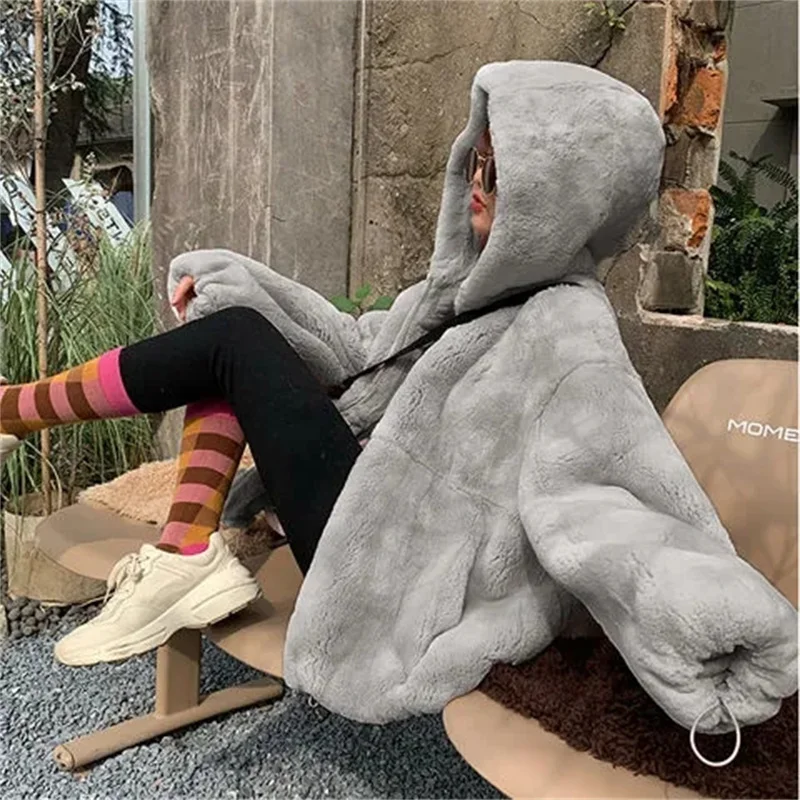 

Faux Furs Plush Coat Women Winter Short Jacket Hooded Casual Loose Warm Ladies Outerwear Blended Fur Jackets Parkas
