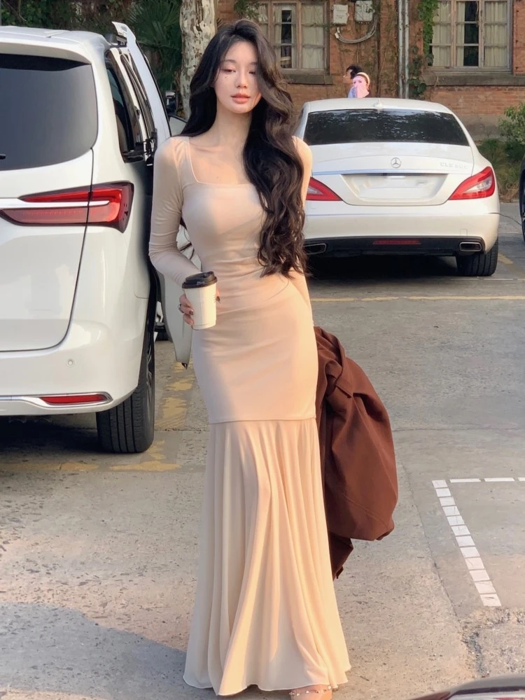 Осенне-зимние облегающие трикотажные платья с квадратным вырезом для женщин