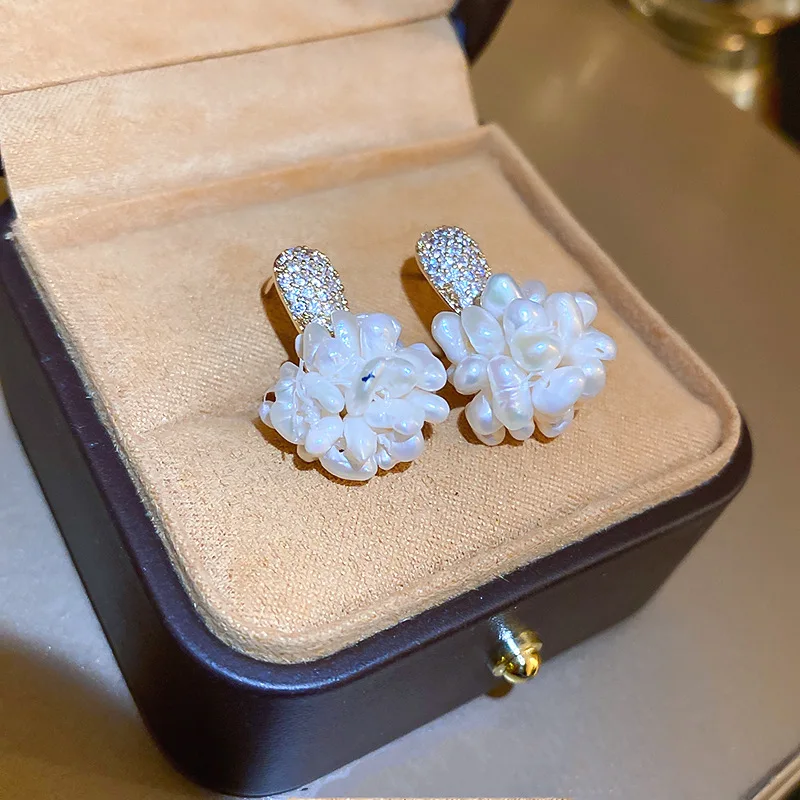 

Minar Natural Freshwater Pearl Beads Drop Earrings for Women Irregular Flower Zircon Statement Earring Wedding Party Jewelry