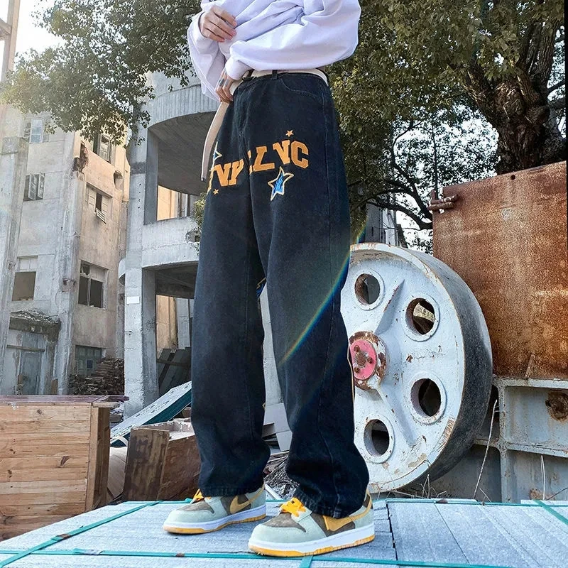 Korean Fashion Street Letters Printed Jeans Male High Street Object Easy Feeling Restoring Ancient Ways Straight Trousers Unisex