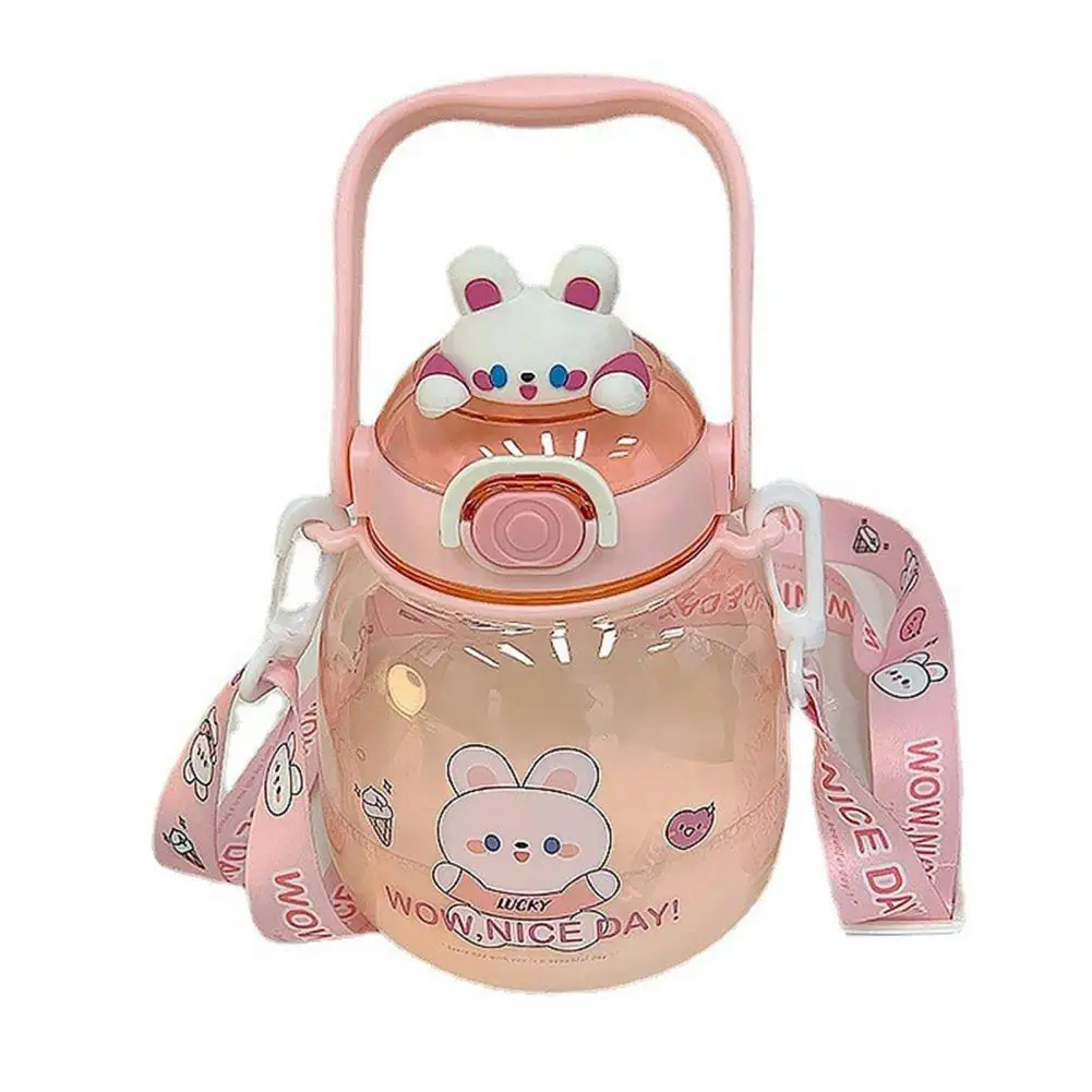 

Straw Bottle Refillable Large Capacity Portable Shoulder Strap Cartoon Water Cup for Students