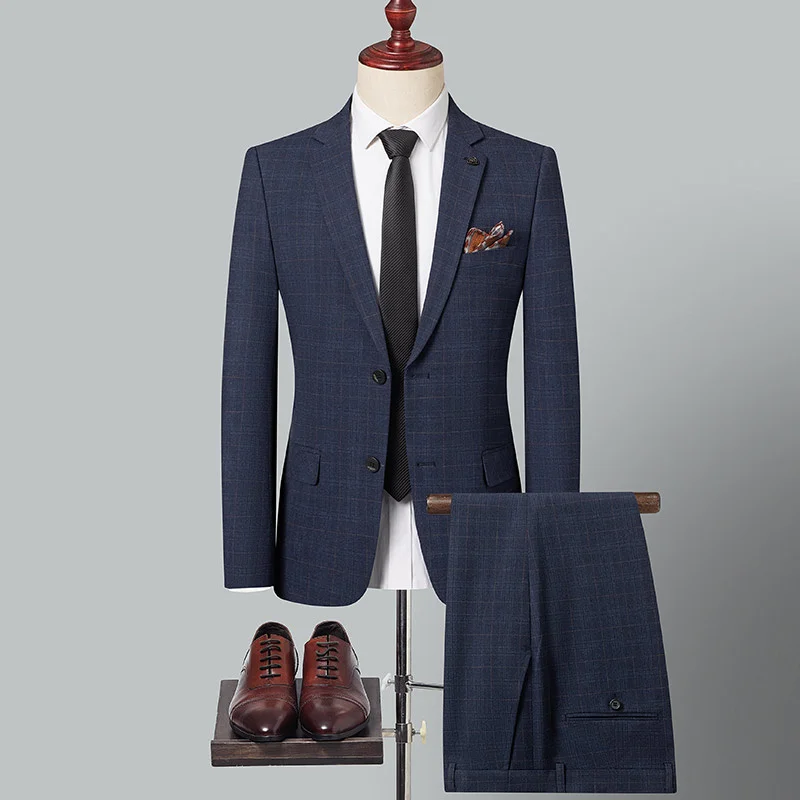 

New (Blazer + Trousers) Men's Suit Elegant Italian Style Gentleman Plaid Casual Slim Dress Wedding Formal 2-piece Set