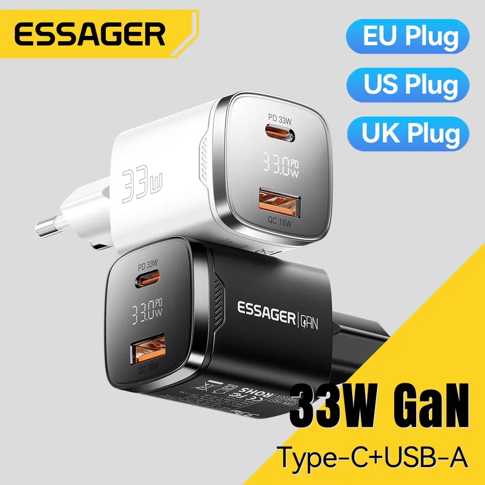 Фото Essager 33 Вт GaN USB Type C Зарядное устройство с цифровым дисплеем PD Быстрая зарядка для iPhone 16 15 14 Pro Max iPad Mini 6 Xiaomi Samsung S22 №1