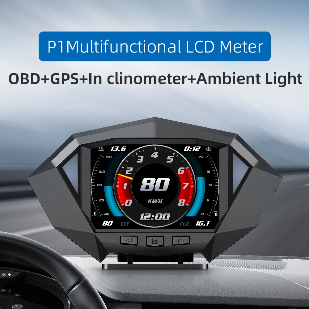 

P1 OBD2 + GPS HUD Car OBD Head Up Display HUD on Board Computer Digital Speedometer Water Temp Fuel Consumption Slope Meter