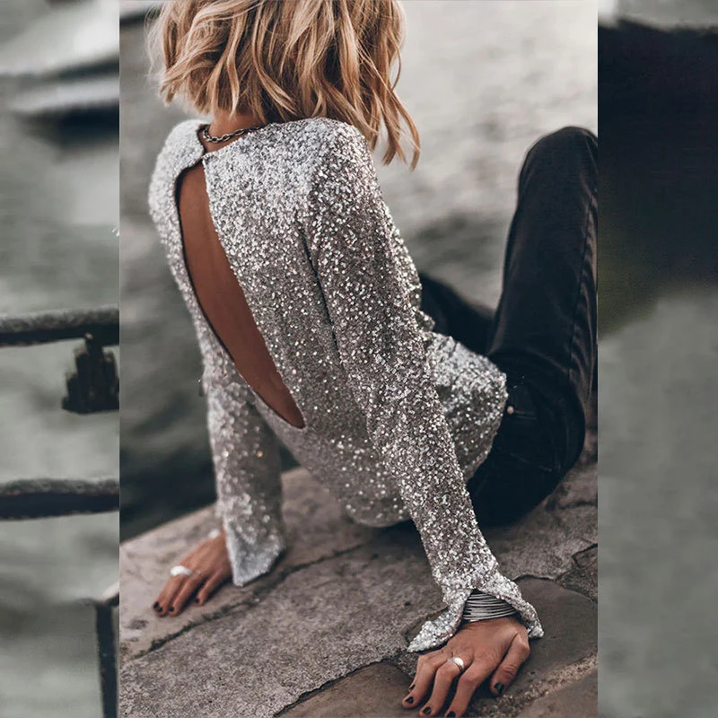 BKLD модная сексуальная футболка с вырезом на спине и блестками для женщин 2024