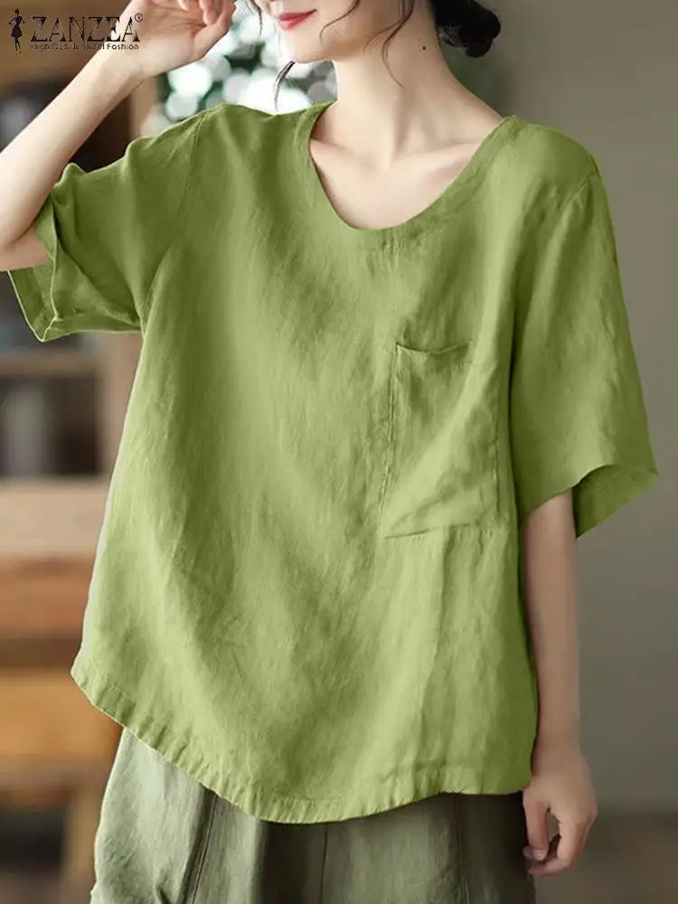 

ZANZEA Summer Women Casual Loose Blouse Female Short Sleeve Vintage Shirt Solid Cotton Tops Oversize Baggy Blusas Chemise Tunic