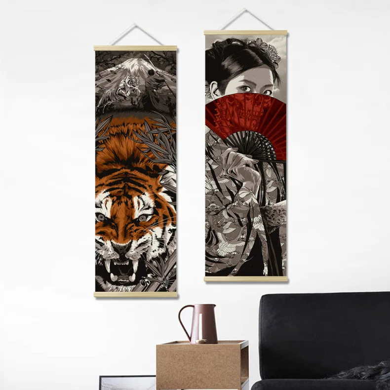 

Japanese Samurai Scroll Painting Living Room Decor Aesthetic Wall Art Hanging Tapestry Industry Style Posters Home Decoration