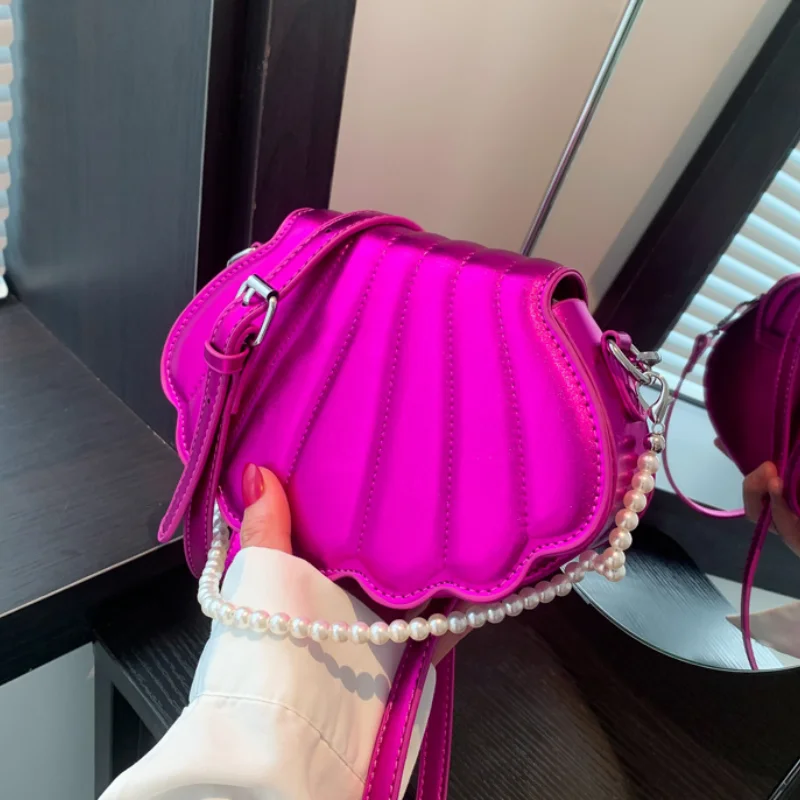Patent Leather Handbags for Women 2023 New Trend Pearl Beaded Small Shell Bag Candy Color Personality Fashion Woman Shoulder Bag