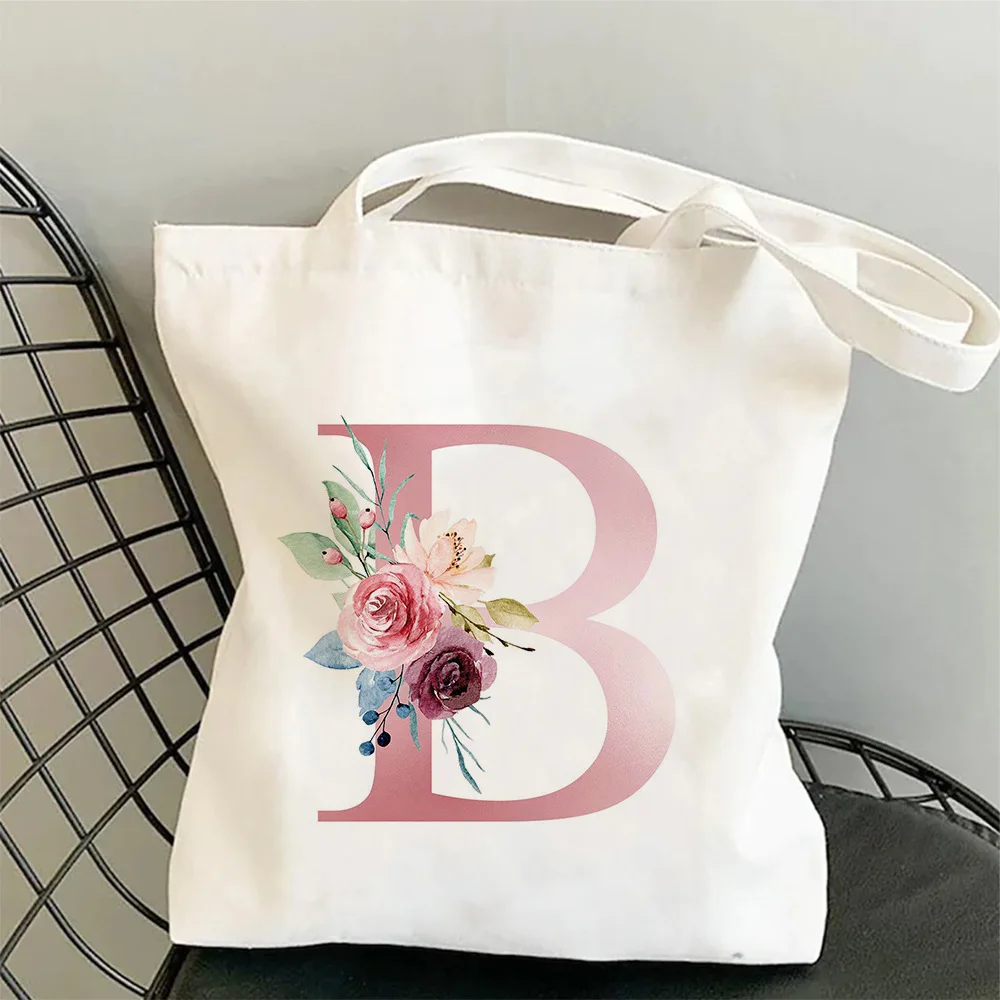 Flowers Alphabet A-Z Cotton Bags Custom Name Shopping Bag Canvas Girls Trip Bridal Wedding Party Giveaway Personalized Tote