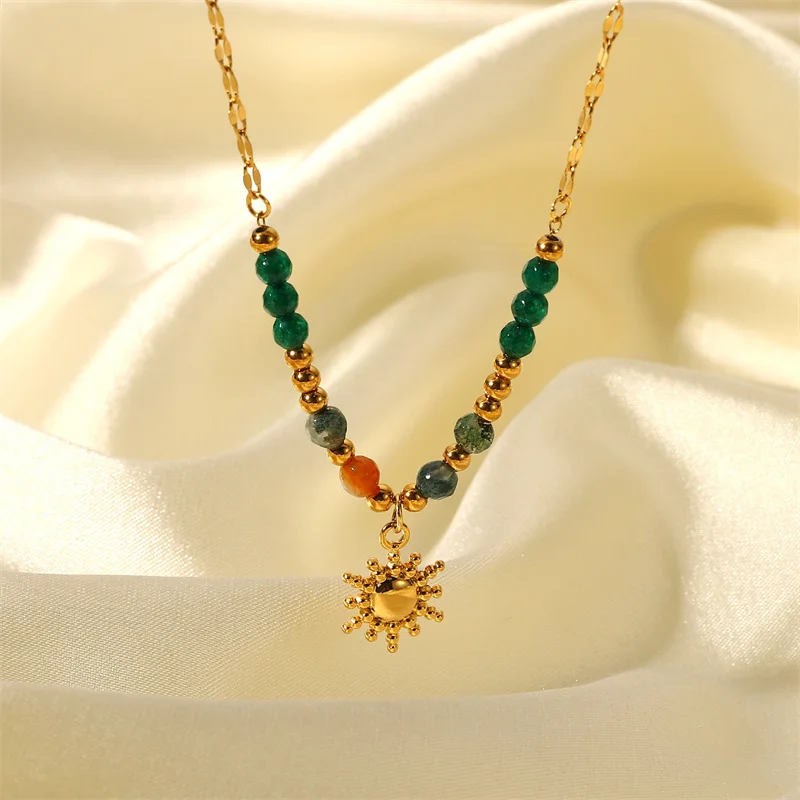 

Vogue 18K Gold Titanium Steel Geometry Sun Pendant Necklace Women's Vintage Natural Stone Beaded Jewelry Birthday Gift JDN20919