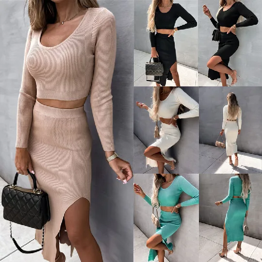 

Women's solid color threaded long sleeves fashion sexy split length skirt set