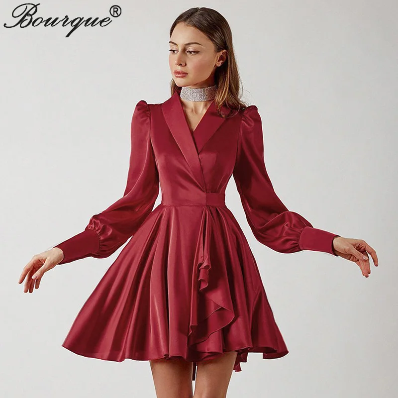 

Women Dress Irregular V-neck Lantern Long Sleeve High Waist Slim Elegant Fashion Temperament Office Lady Short Skirt Black Red