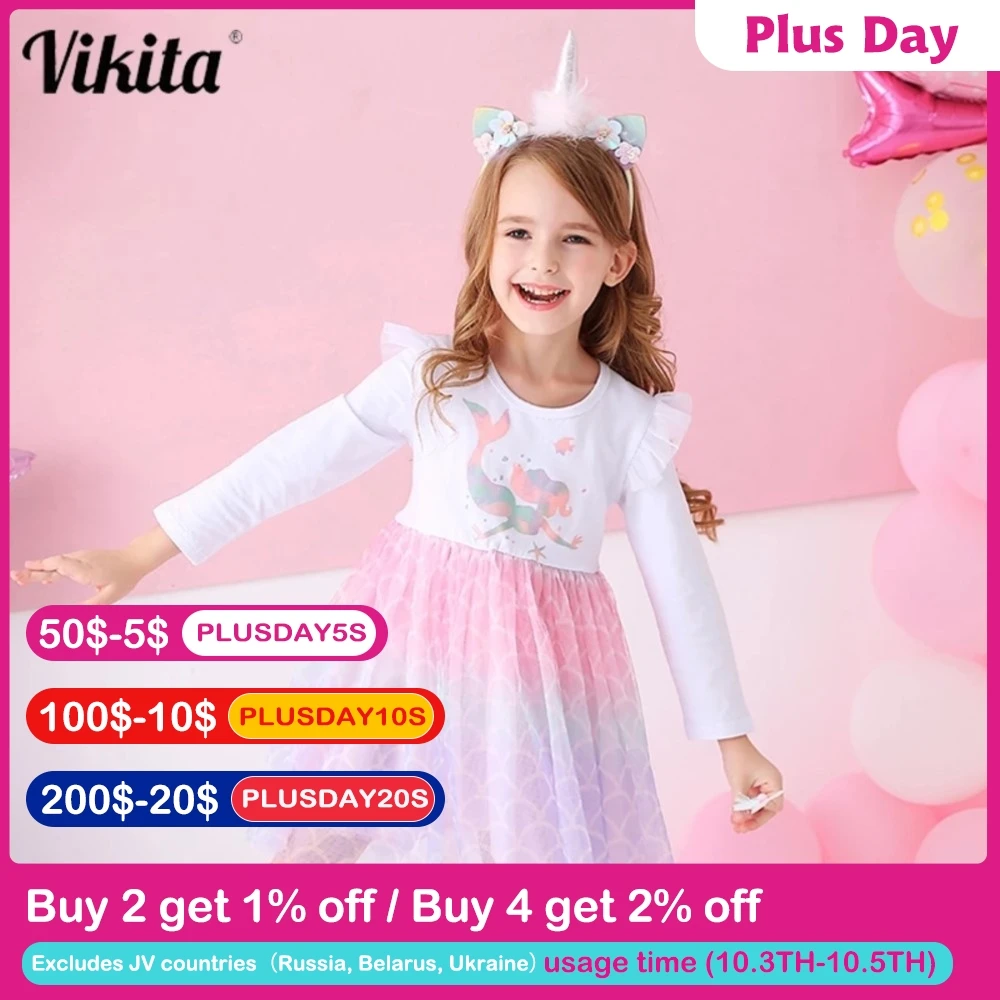 VIKITA Kids Girls Children Clothes Long Sleeve Cartoon Mermaid Princess Dress Autumn Winter Girls Princess Dress Kids Clothing