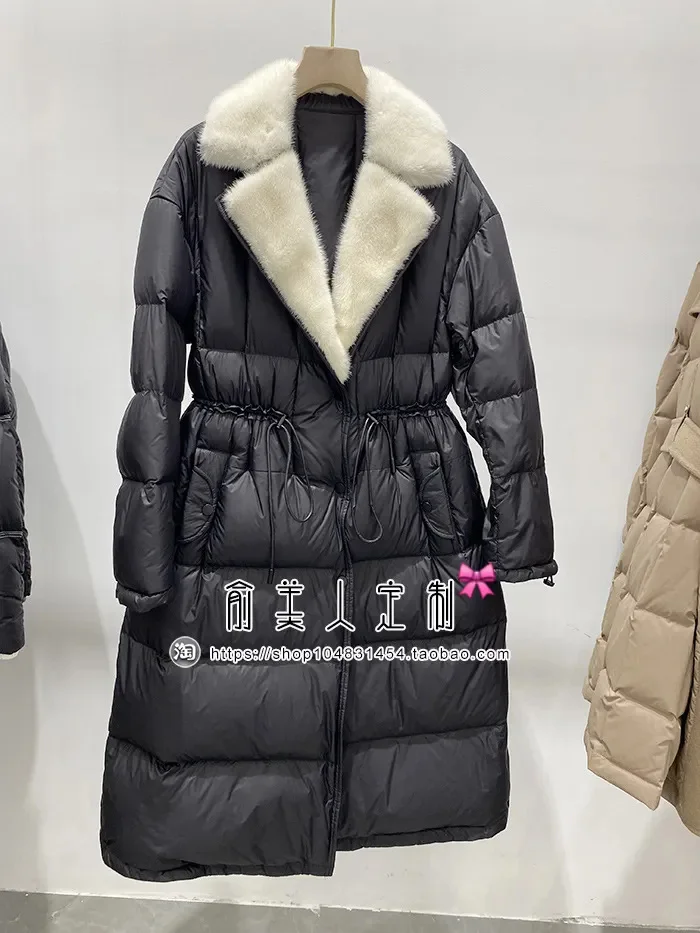

2024 New Imported Mink Fur Collar Waist Slimming Women's Mid-Length Goose down Jacket Long Coat
