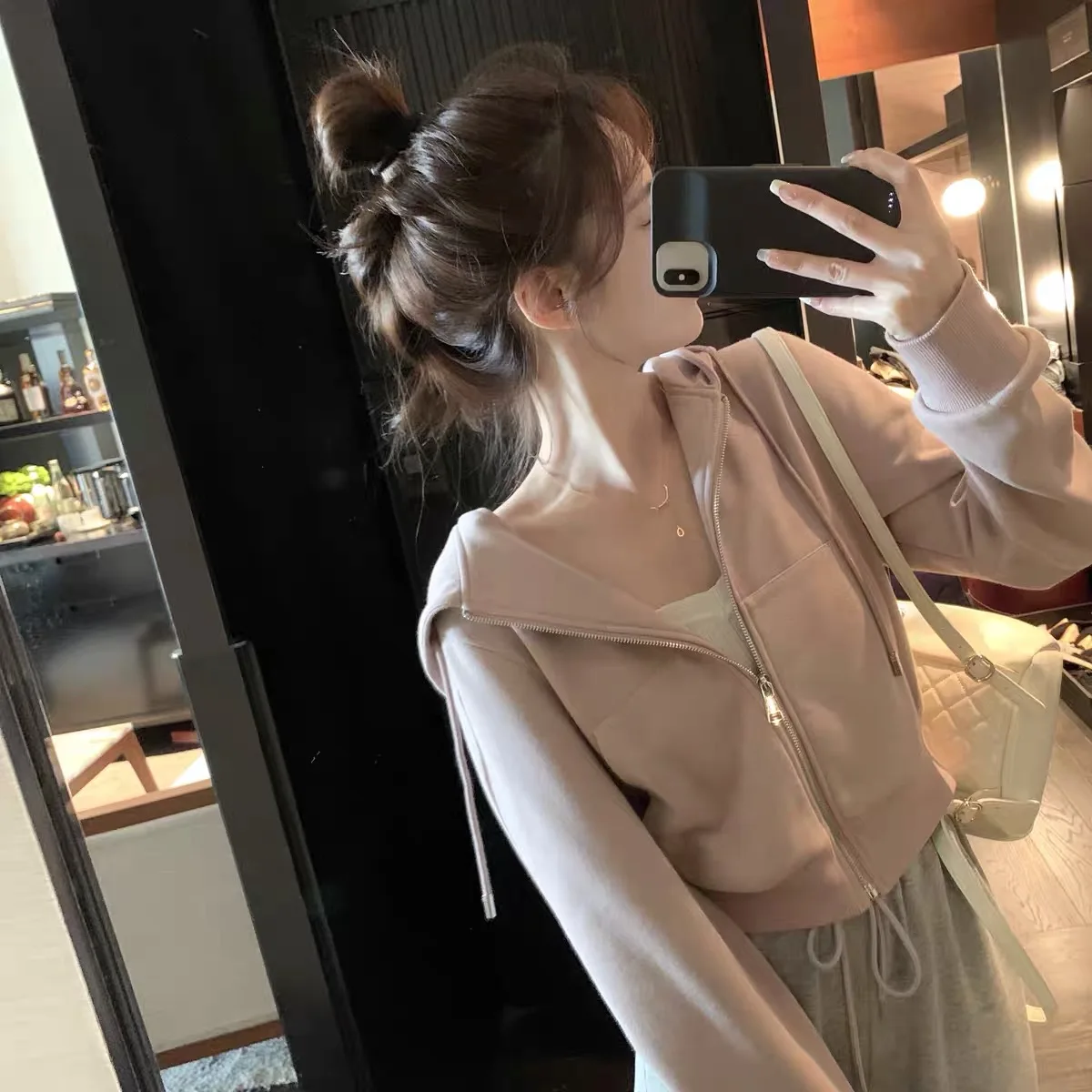 

New women's thin sweater spring and autumn wear top coat with hood zipper solid color outer wear short slim fit