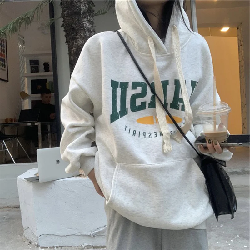 With Hat Hoodies Women Retro High Street All-match Loose Casual Lazy Warm Thicker Front Pockets Letter Printing Sweatshirts Teen images - 6