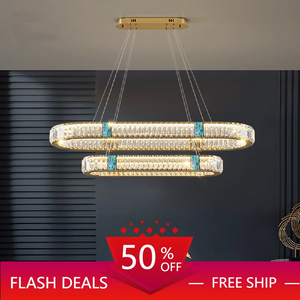 

Modern Dining Table Led Dimmable Pendant Lights By Remote Control K9 Crystals Lustre Oval Gold Steel Hanging Lamp Led Llighting