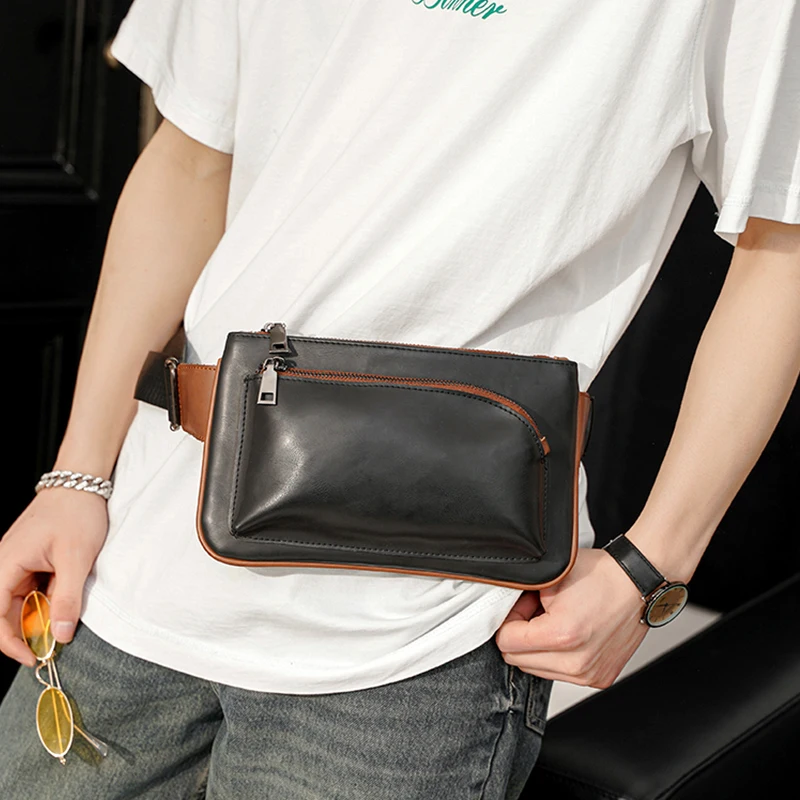 Male Mini Phone Backpack Leather Motorcyclists Chest Purse Waterproof Sports Cycling Fanny Pack Small Crossbody Bag for Men