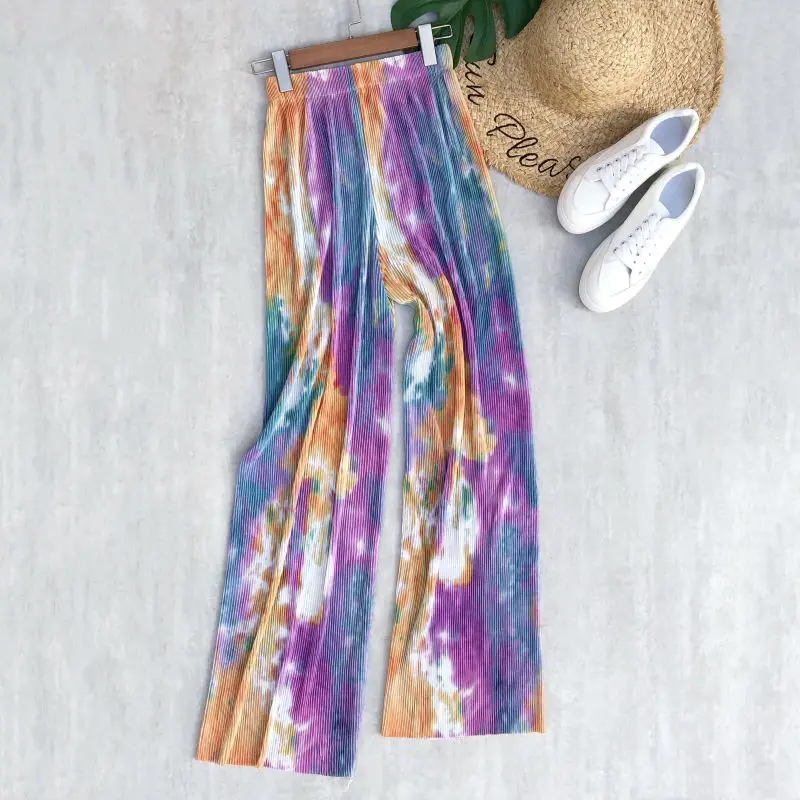 

Women Fashion Wide Leg Pants High Waist Colorful Tie Dye Print Pleated Long Pants Loose Fit Casual Full Length Trousers