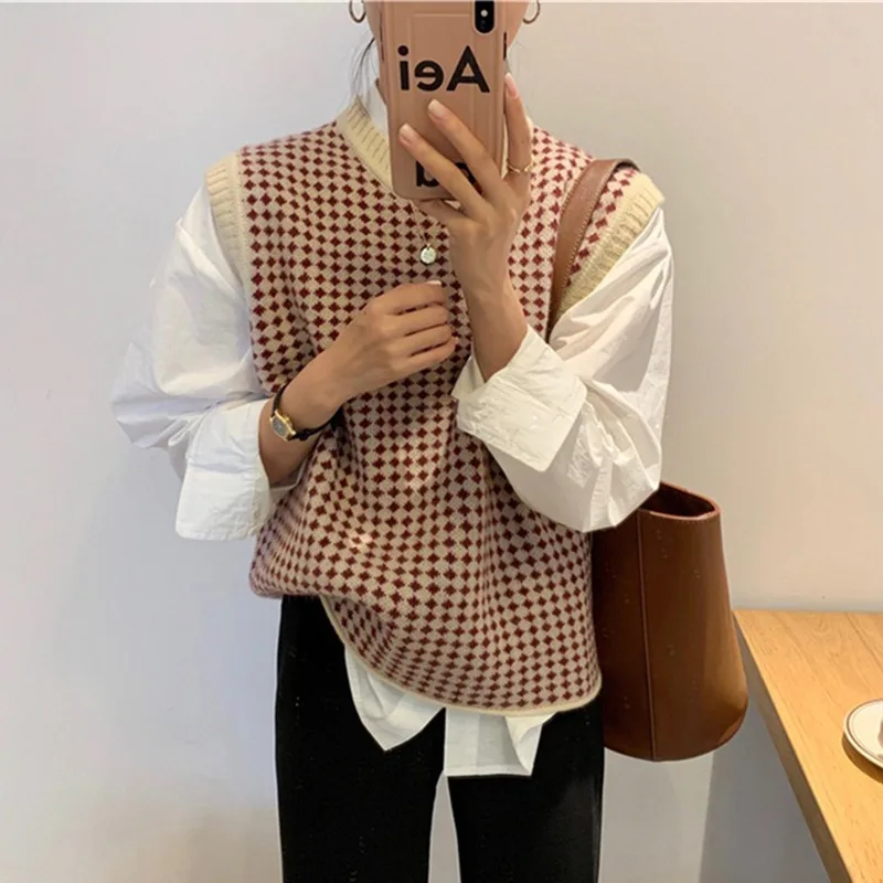 

Pullover Knitting Vest Sweater Vest for Women Autumn Korean Style New Retro Rhombus Contrast Color Loose Sweater Women