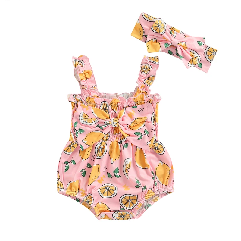 

Lovely Baby Girl Romper Set, Sleeveless Square Neck Lemon Pineapple Bow Knot Bodysuit Romper with Headband