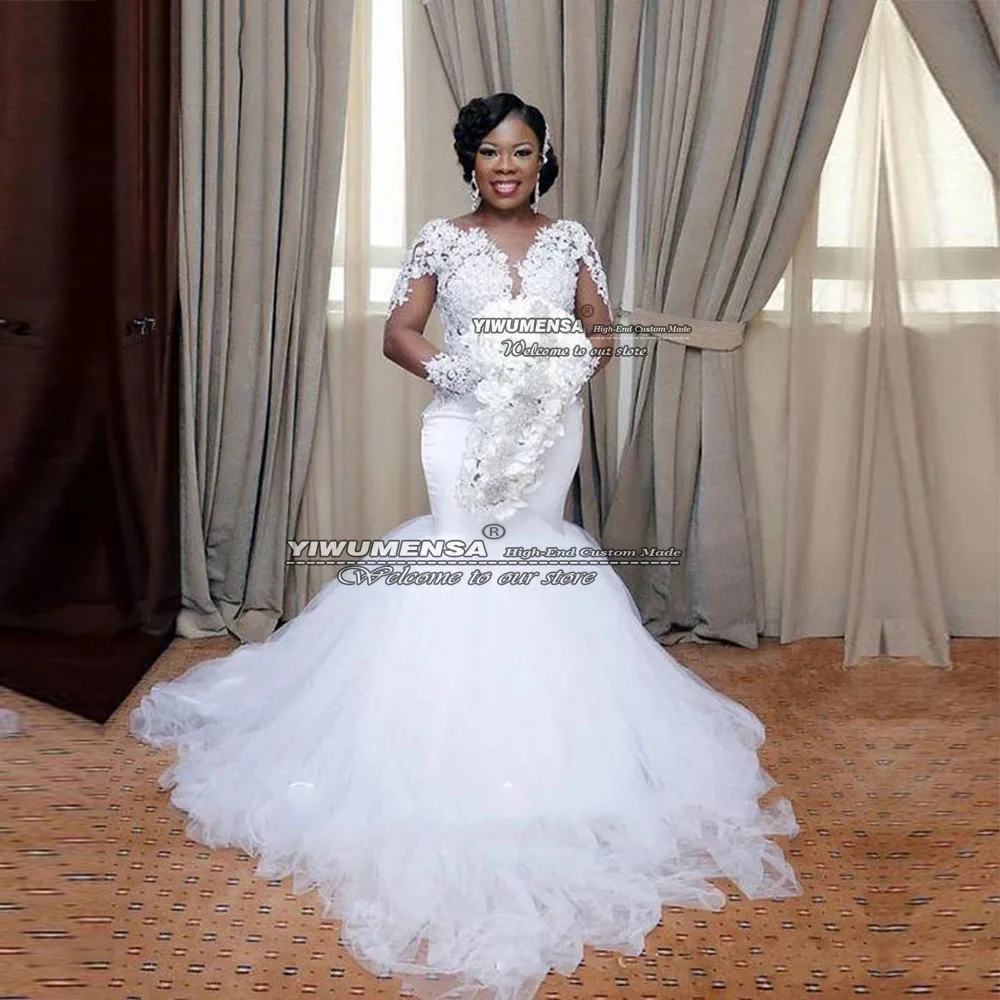 

Арабские Африканские свадебные платья-русалки для женщин, с длинным рукавом, белые свадебные платья, Формальные Свадебные платья со шлейфом Aso Ebi
