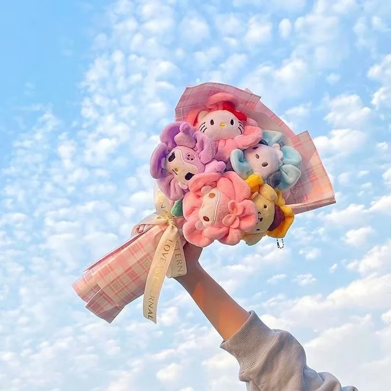 

7pcs/set Anime Sanrio bouquet Melody Cinnamoroll Kuromi Sunflower Plush Toy Pendant Bendable Flower Doll Toy Girls Bouquet Gift