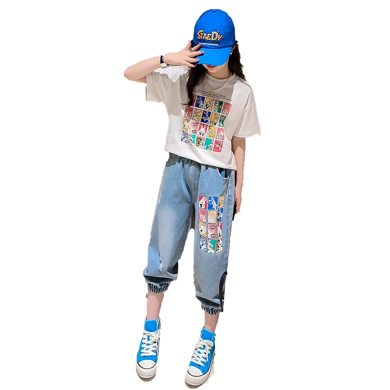 

Детский джинсовый костюм с принтом, футболка и джинсы для девочек 4-14 лет